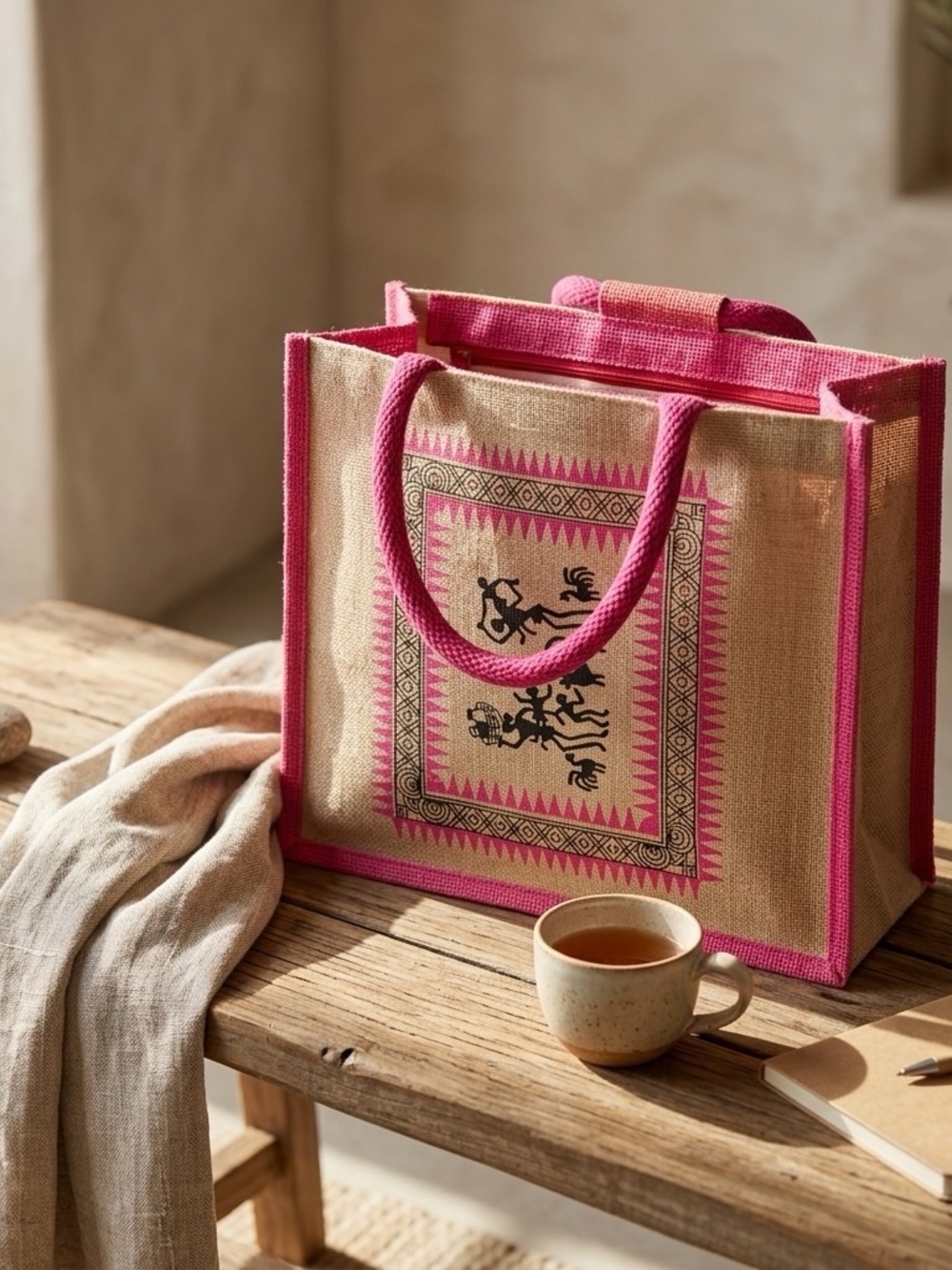 Natural Jute Tote Bag with Pink Trim and Tribal Print